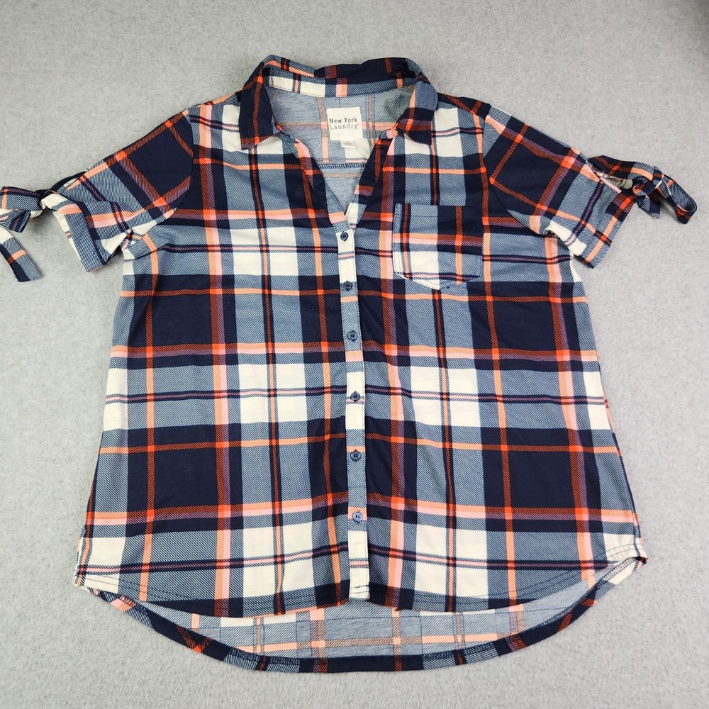 New York Laundry Shirt Womens 1X Blue Orange Plaid Tie Sleeve Collared Button Up